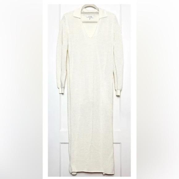 FRAME Ivory Crochet Long Sleeve Collared V-Neck Side Slit Maxi Dress - Picture 6 of 13